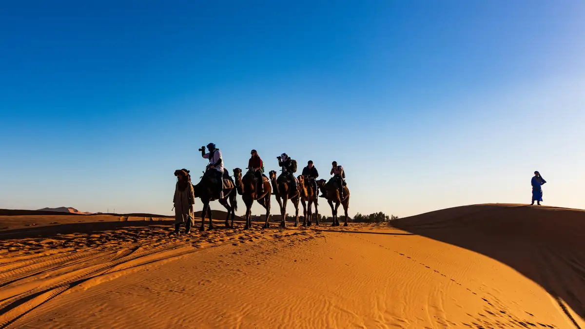 A group of travelers on camels crossing the sandy dunes of the Sahara Desert under a clear blue sky.